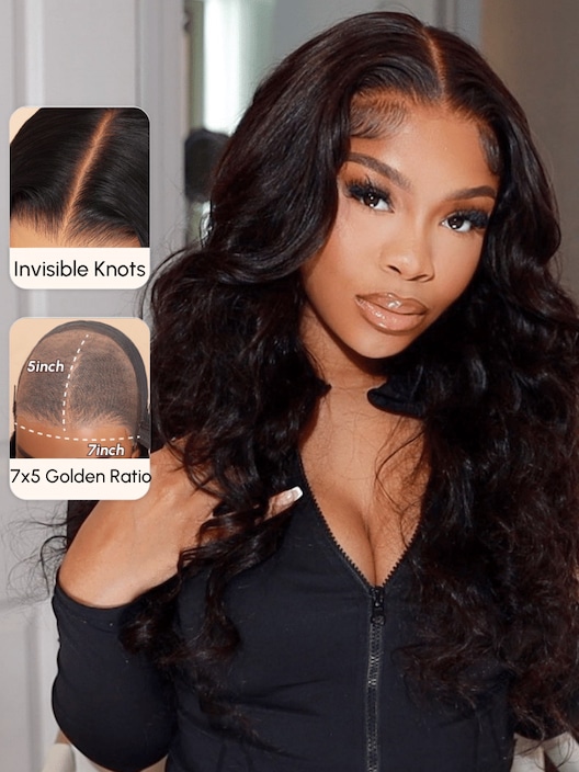 7x5 Glueless Bye-Bye Knots Body Wave Wig Pre Cut Lace Pre Plucked Hairline Put On and Go Wig