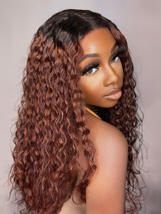 [20"=$86] Glueless Ombre Reddish Brown Water Wave V Part Wig With Black Roots Human Hair