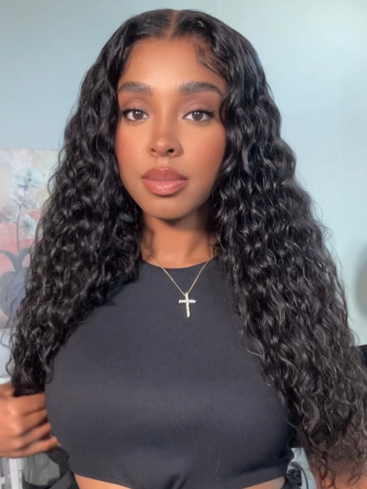 [22"=$147] 200% Density 6x4.5 Lace Put On And Go Glueless Wig Pre Cut & Pre Bleached Lace Black Water Wave Wig With Baby Hair