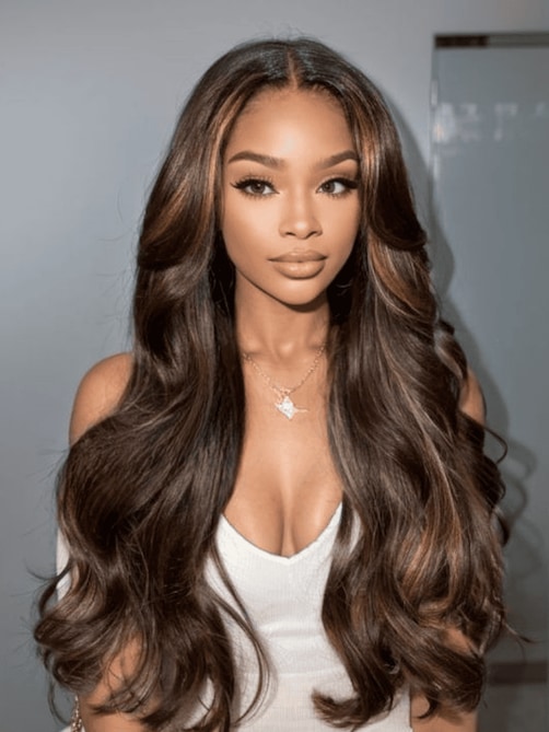 13x4 Pre-Everything Lace Front Wig Espresso Brown With Highlights Loose Wave 150% Density