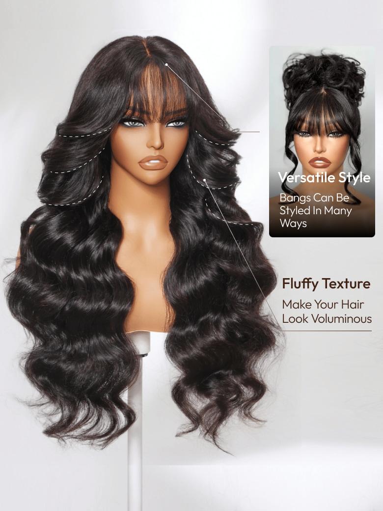 UNice 7x5 Bye-Bye Knots™ & 13x4 Pre-Everything™ Lace Frontal Black Fluffy Natural Loose Wave Curtain Bangs Wig