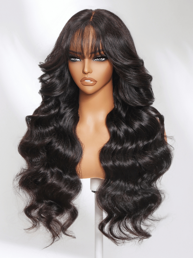 13x4 Pre-Everything Lace Frontal Black Fluffy Natural Loose Wave Curtain Bangs Wig