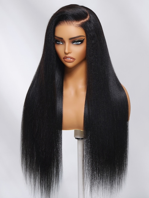 [22"=$147]Black Yaki Wig Human Hair Glueless Wig with Blunt Bangs 150% Density