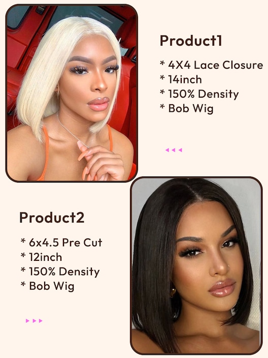 2 Wigs $140 for 14" Blonde Color Lace Closure Bob Wig and 12" Pre Cut 6x4.5 Lace Bob Wig