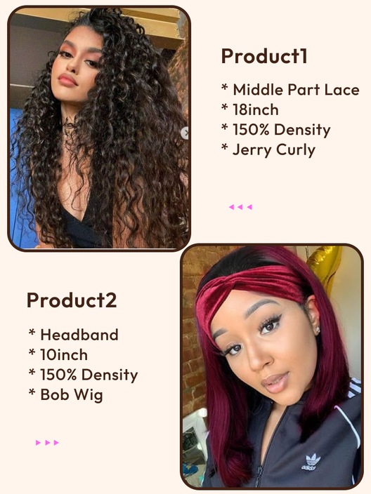 2 Wigs $129 for 18" Lace Part Curly wig and Ombre Burgundy 10" Headband Bob Wig