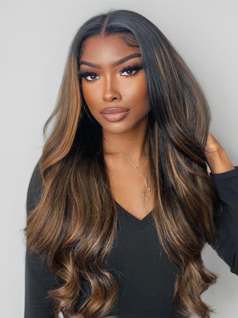 
    [24"=$129]Lace Frontal Wig Gluesess T Part Highlight Balayage Breathable Cap Body Wave Wig