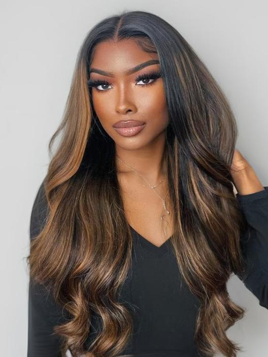 A model displays the UNice EasiContour V Part Glueless Balayage Highlight Body Wave Wig Human Hair, showing a model with long brown hair wearing a black top and body.