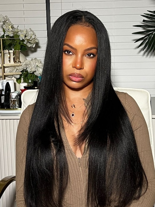 EasiContour™ V Part Glueless Yaki Straight Wig With Invisi Drawstring 100% Human Hair 150% Density