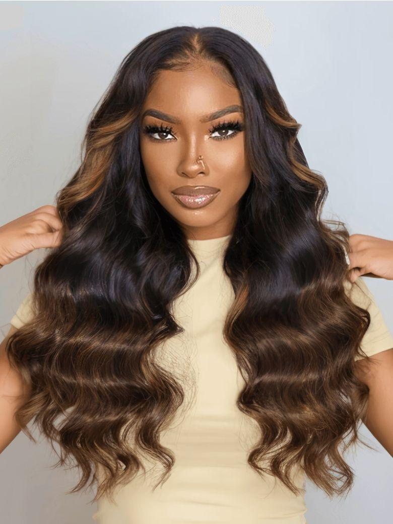 [22''= $102] Bye Bye Knots Wig 7x5 Lace Black to Chestnut Brown Ombre Loose Wave Wig With Bleached Knots
