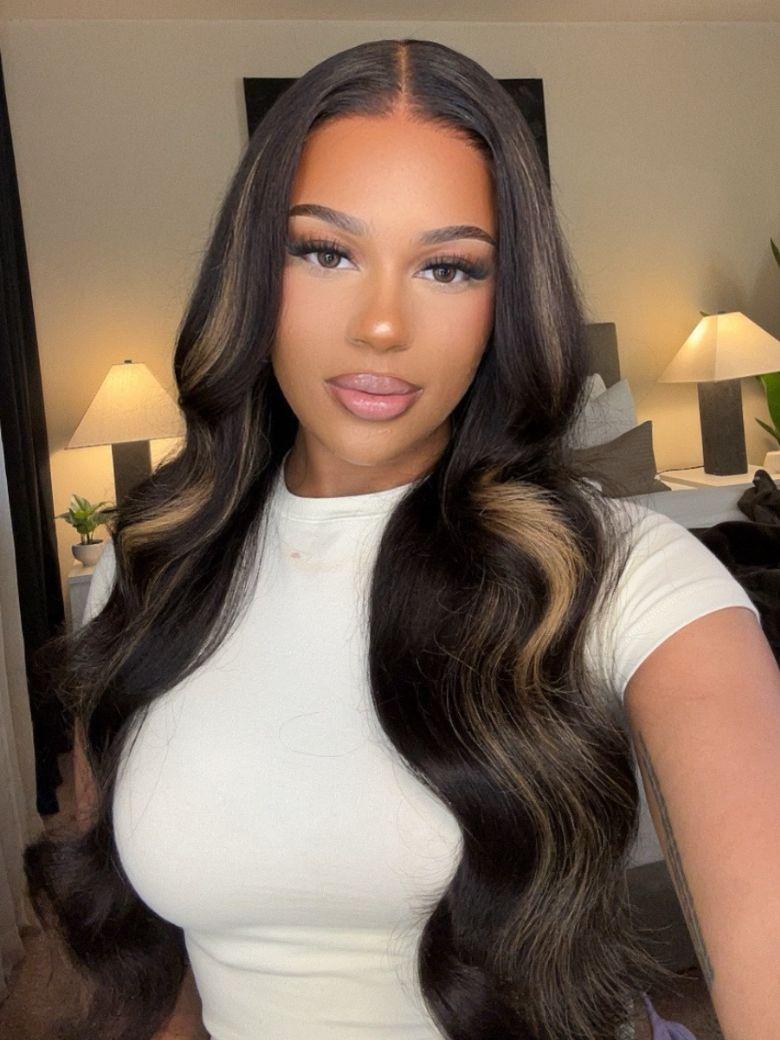 7x5 Bye Bye Knots™ Glueless Lace Wig Black With Blonde Highlights 3D Body Wave Bleached Knots