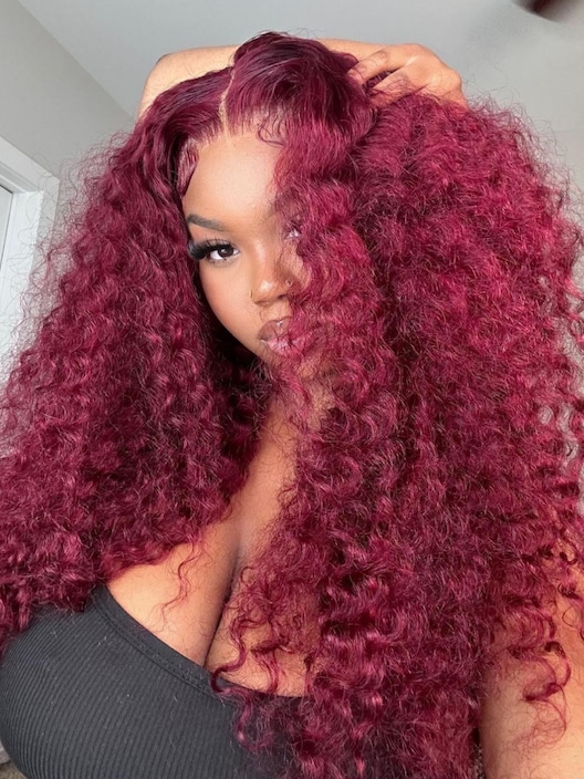 [24"=$99] Transparent Lace Wigs Burgundy 99j Hair Color Curly Wig