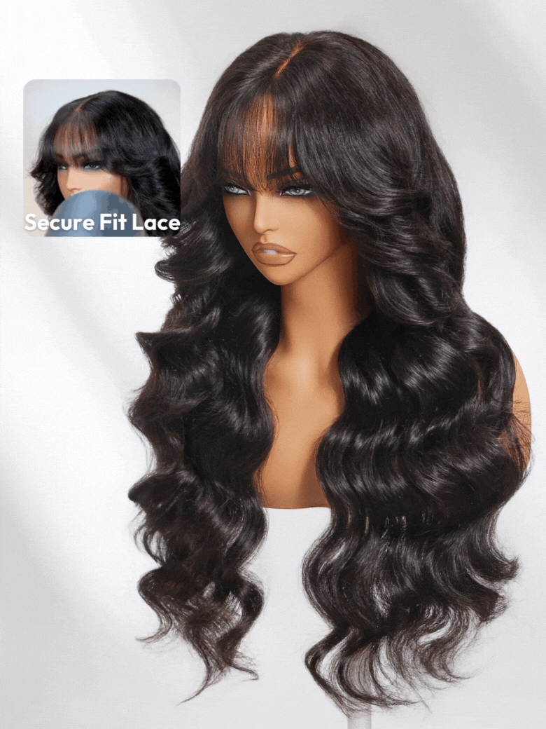 7x5 Bye Bye Knots™ 180% Density Black Fluffy Natural Loose Wave Curtain Bangs Wig