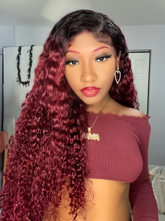 [22in=$99] Beginner Friendly V Part Burgundy Ombre With Dark Roots Curly Wig 150% Density