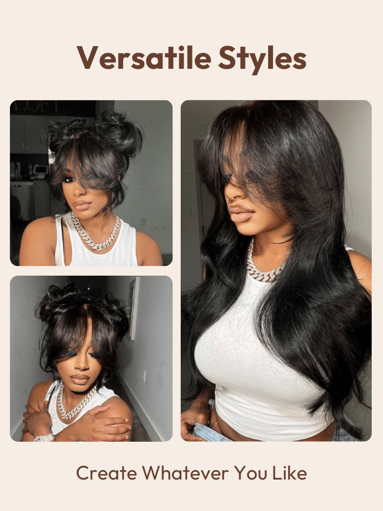 13x4 Pre-Everything Glueless Lace Frontal Fluffy Layer Natural Loose Wave Wig With Air Bangs