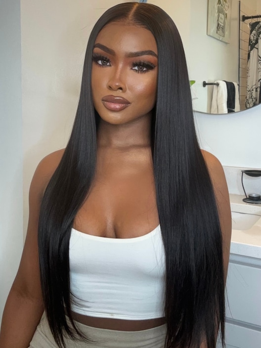 200% Density 13x4 Transparent Lace Frontal Black Straight Pre-Plucked Human Hair Wig with Baby Hair