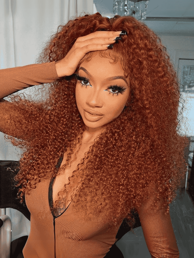 [All Length $99] 13x4 Lace Frontal & 4x0.75 Lace Part Auburn Brown Hair Color Jerry Curly Lace Wigs 180% Density