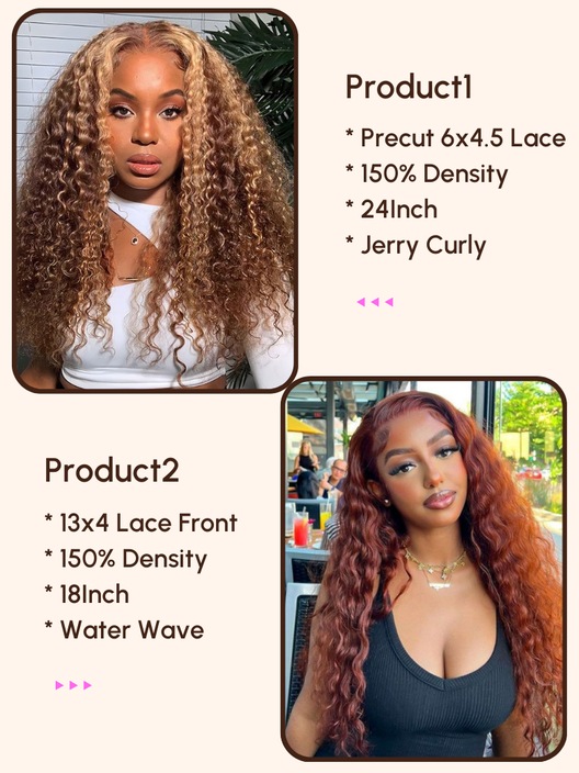 2 Wigs $238 for 24" Precut 6x4.5 Lace Honey Blonde Curly Wig and 18" 13x4 Lace Front Reddish Brown Water Wave Wig
