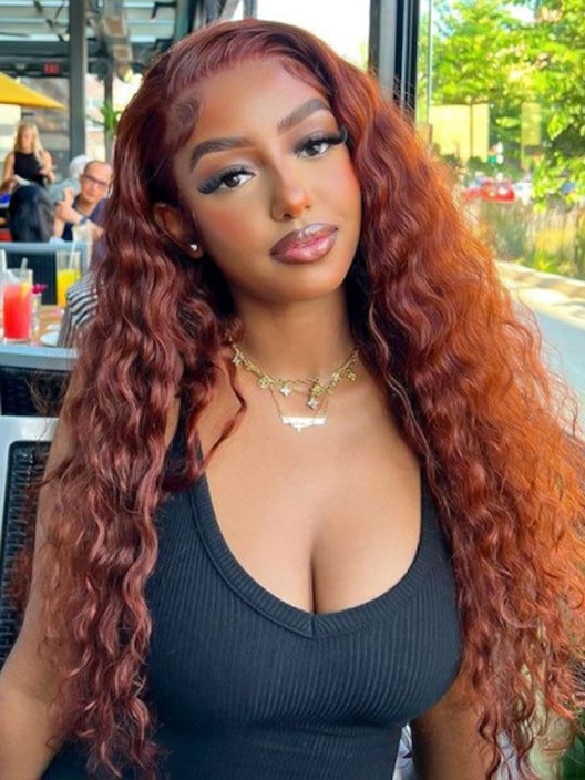 [From 18"] 6X4.5 Pre-Cut Lace Reddish Brown Water Wave Put On And Go Air Wig 150% Density