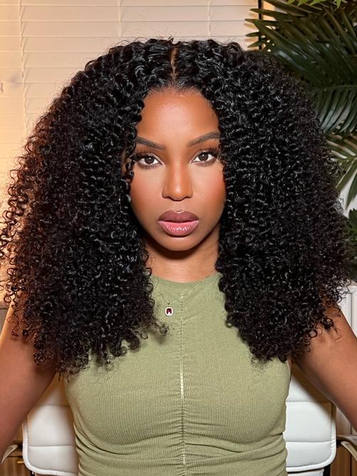 Kinky Curly Super Bouncy Middle Lace Tpart Natural Black Human Hair Wigs