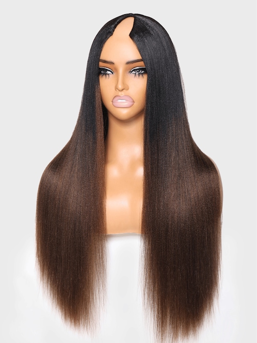 EasiContour™ V Part Black to Chestnut Brown Ombre Yaki Wig With Invisi Drawstring