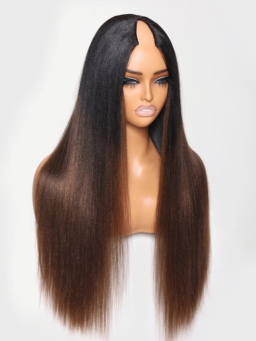 EasiContour™ V Part Black to Chestnut Brown Ombre Yaki Wig With Invisi Drawstring
