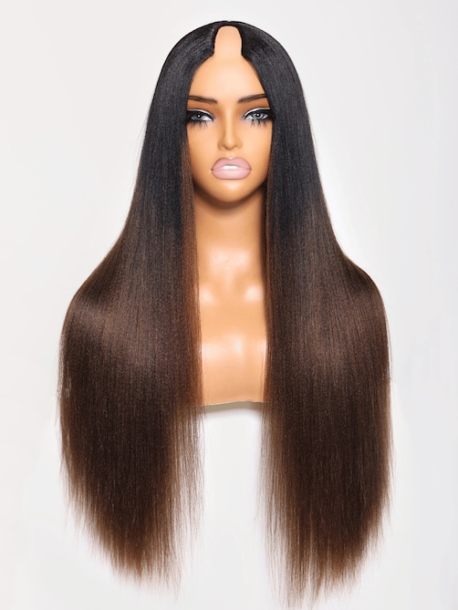 EasiContour™ V Part Black to Chestnut Brown Ombre Yaki Wig With Invisi Drawstring
