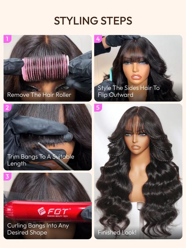 7x5 Bye Bye Knots™ 180% Density Black Fluffy Natural Loose Wave Curtain Bangs Wig