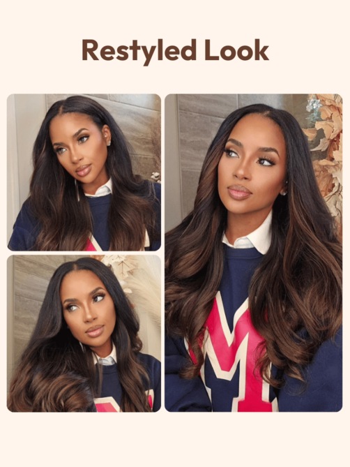 EasiContour™ V Part Black to Chestnut Brown Ombre Yaki Wig With Invisi Drawstring