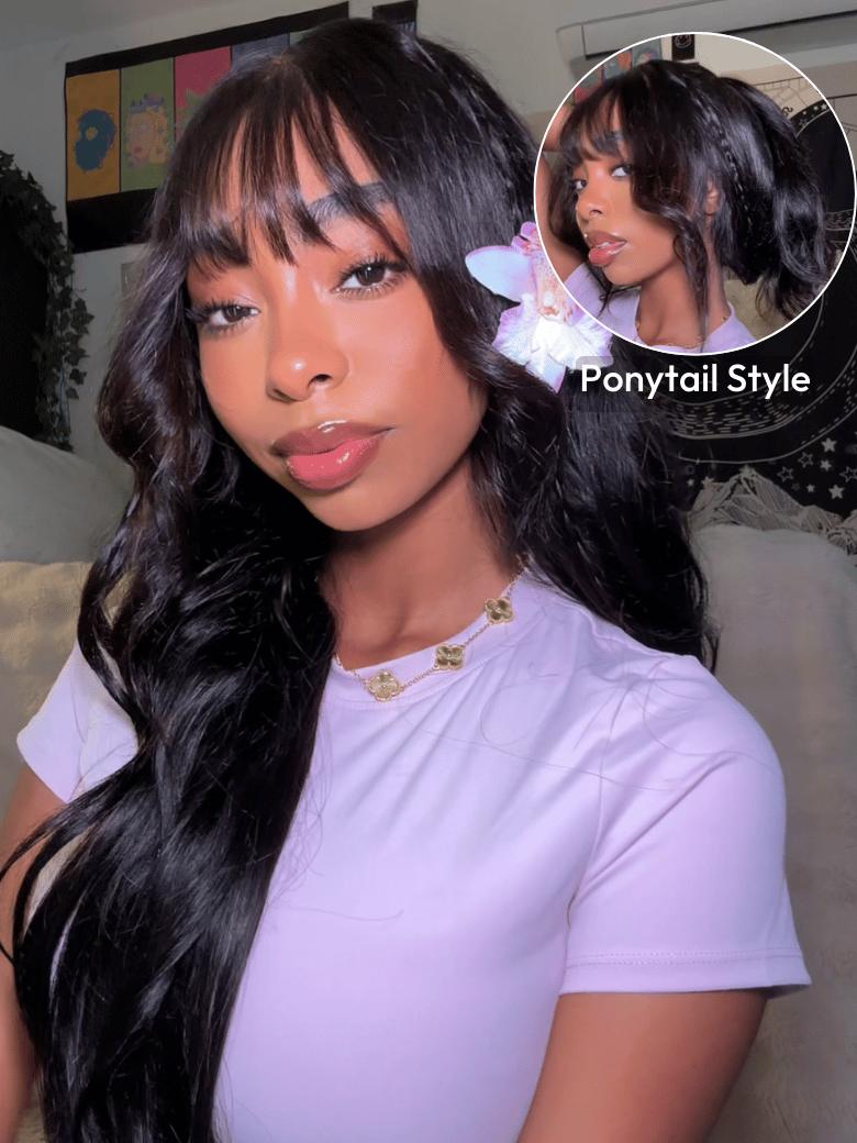 13x4 Pre-Everything Lace Frontal Black Fluffy Natural Loose Wave Curtain Bangs Wig