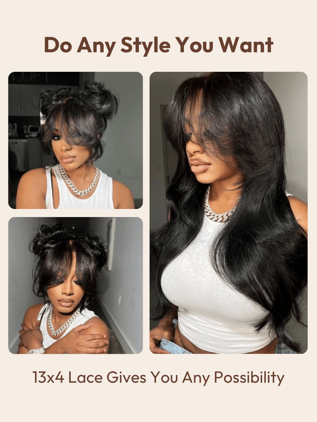 7x5 Bye Bye Knots™ 180% Density Black Fluffy Natural Loose Wave Curtain Bangs Wig