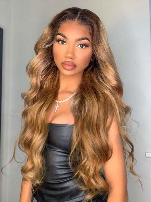 [20"=$93] Honey Blonde Ombre Highlight Body Wave Glueless U Part Wig 150% Density