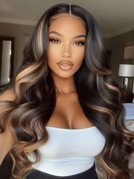 7x5 Bye Bye Knots™ Glueless Lace Wig Black With Blonde Highlights 3D Body Wave Bleached Knots