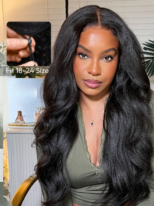 EasiContour™ V Part Glueless Yaki Straight Wig With Invisi Drawstring 100% Human Hair 150% Density