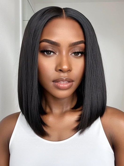 12" Lace Frontal Short Bob Wig Human Hair Super Natural Black 150% Density