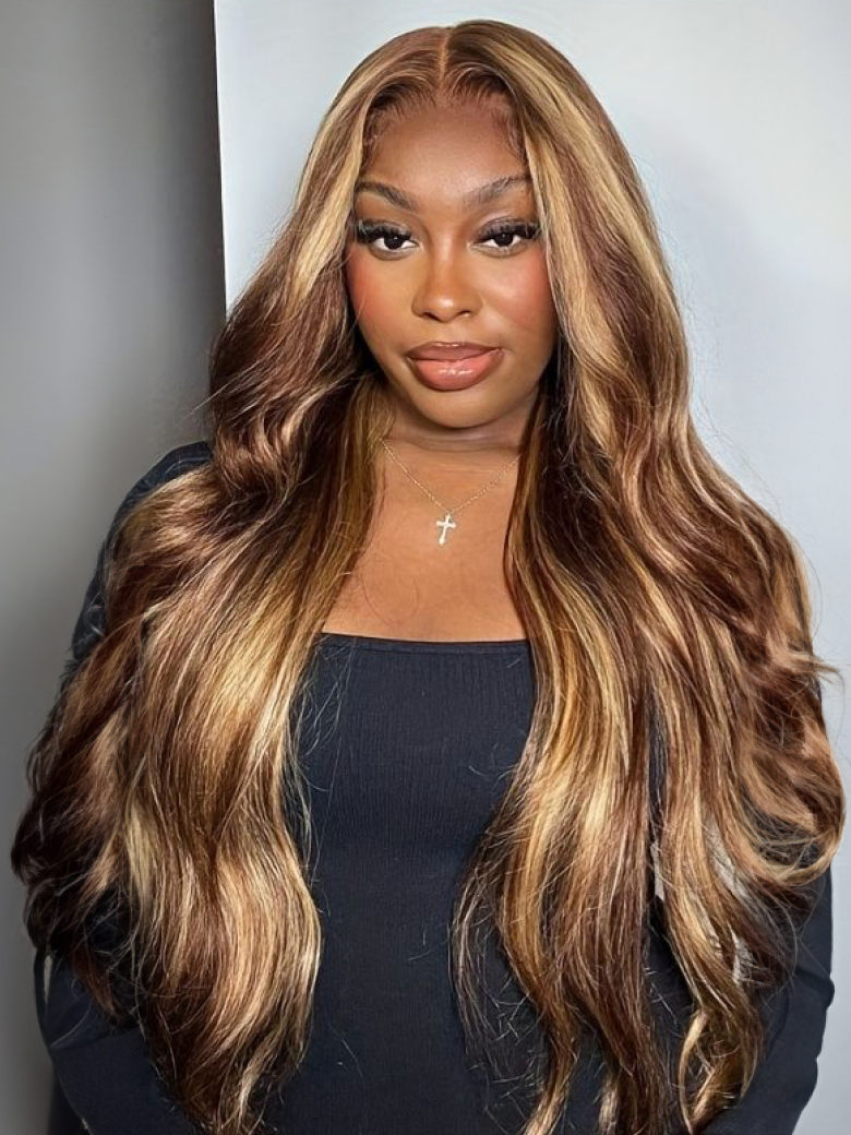 
    24inch Pre Cut 6x4.5 Lace 200% Density Body Wave Lace Wig Glueless Honey Blonde Put On And Go Wig