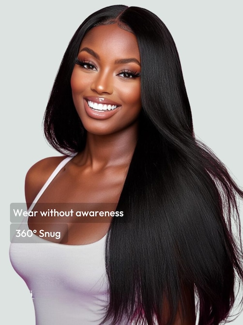 EasiContour™ V Part Glueless Yaki Straight Wig With Invisi Drawstring 100% Human Hair 150% Density