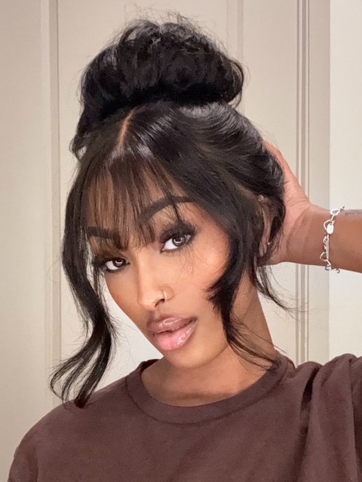 13x4 Pre-Everything Lace Frontal Black Fluffy Natural Color Loose Wave Wig WIth Banging Bangs