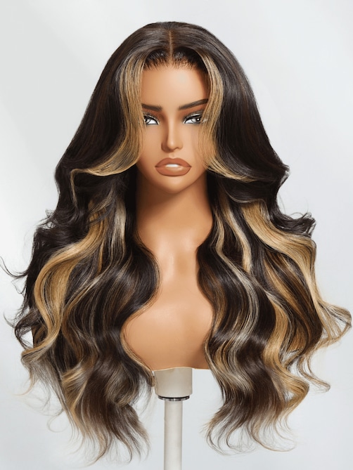 7x5 Lace Bye-Bye Knots Wig Loose Wave Butterscotch Highlights Brown Wig 150% Density
