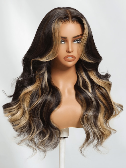 7x5 Lace Bye-Bye Knots Wig Loose Wave Butterscotch Highlights Brown Wig 150% Density