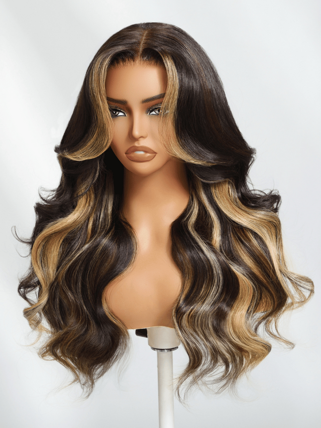 7x5 Lace Bye-Bye Knots Wig Loose Wave Butterscotch Highlights Brown Wig 150% Density