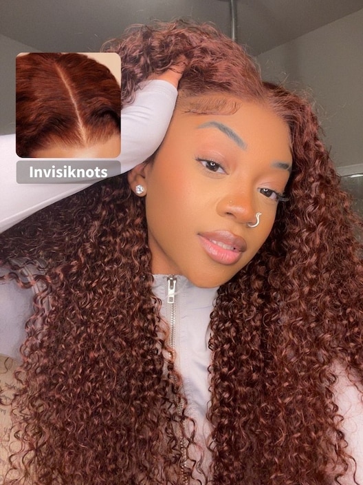 7x5 Bye Bye Knots Wig Glueless Lace Reddish Brown Curly Wig With Bleached Knots Bouncy 150% Density