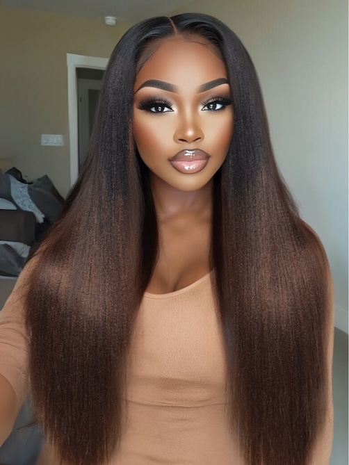 EasiContour™ V Part Black to Chestnut Brown Ombre Yaki Wig With Invisi Drawstring