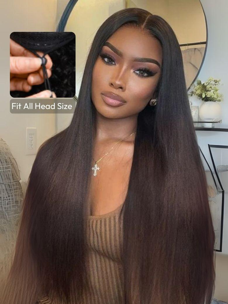 EasiContour™ V Part Black to Chestnut Brown Ombre Yaki Wig With Invisi Drawstring