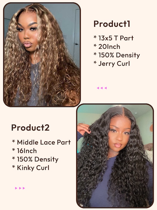 2 Wigs $148 for 20" 13x5 T Part Lace Front Honey Blonde Curly Wig and 16" Middle Lace Part Kinky Curly Wig