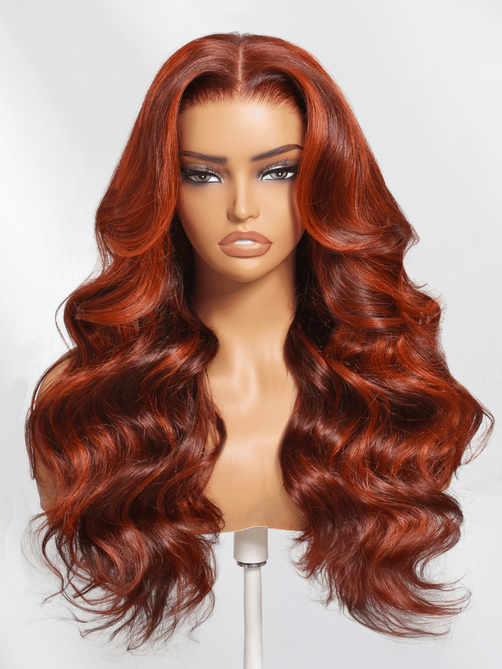 ByeBye Knots 7x5 Lace Red Orange Highlights Wig with Face Framing Layers Loose Wave 150% Density