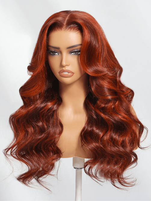 ByeBye Knots 7x5 Lace Red Orange Highlights Wig with Face Framing Layers Loose Wave 150% Density