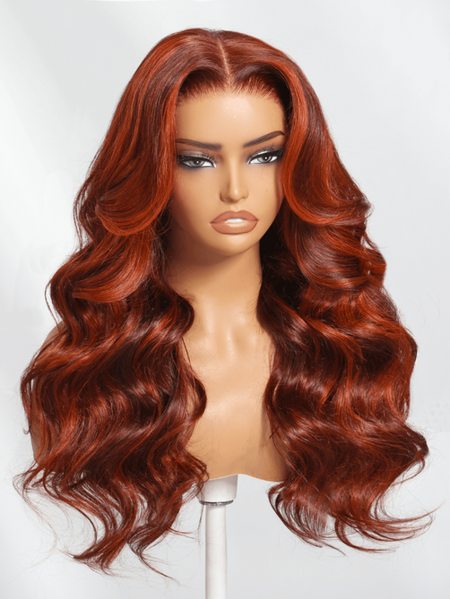 ByeBye Knots 7x5 Lace Red Orange Highlights Wig with Face Framing Layers Loose Wave 150% Density