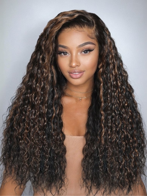 UNice Bye-Bye Knots 7x5 Lace Water Wave Black Wig With Golden Brown Highlights