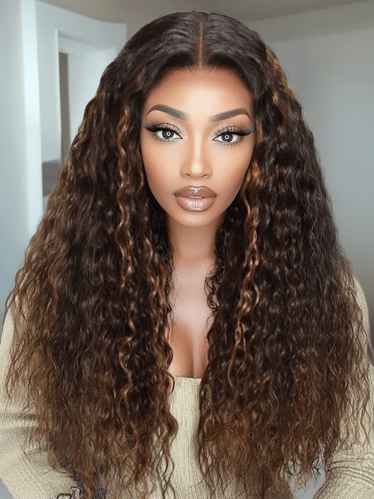 UNice Bye-Bye Knots Wig 7x5 Lace Water Wave Espresso Brown with Caramel Highlights Wig 180% Density