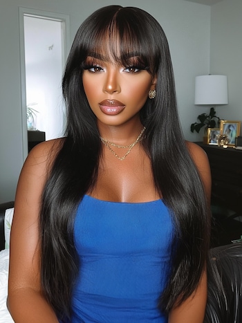 [22"=$147]Black Yaki Wig Human Hair Glueless Wig with Blunt Bangs 150% Density